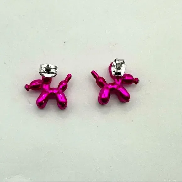 Metallic Hot Pink Balloon Animal Dog Earrings Pierced Modern Contemporary - Picture 5 of 5